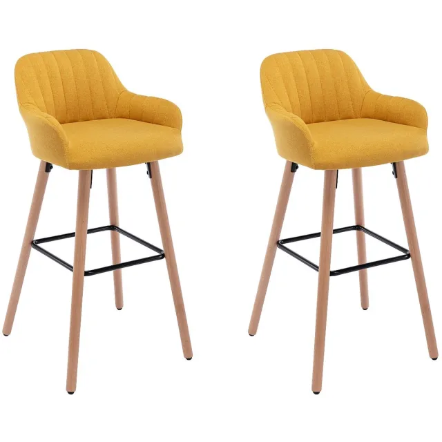 Vente-unique Set van 2 barkrukken van stof met beukenhouten poten - Geel - ELEANA Mosterdkleur