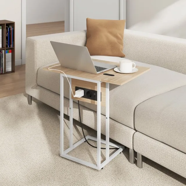 HAUSS SPOLE Bijzettafel C Vormig Opklapbaar Met Verlengbaar Tafelblad Ingebouwde Stekkerdoos USB En USB C Wit Metaal Houtlook 39 x 29 x 57 cm