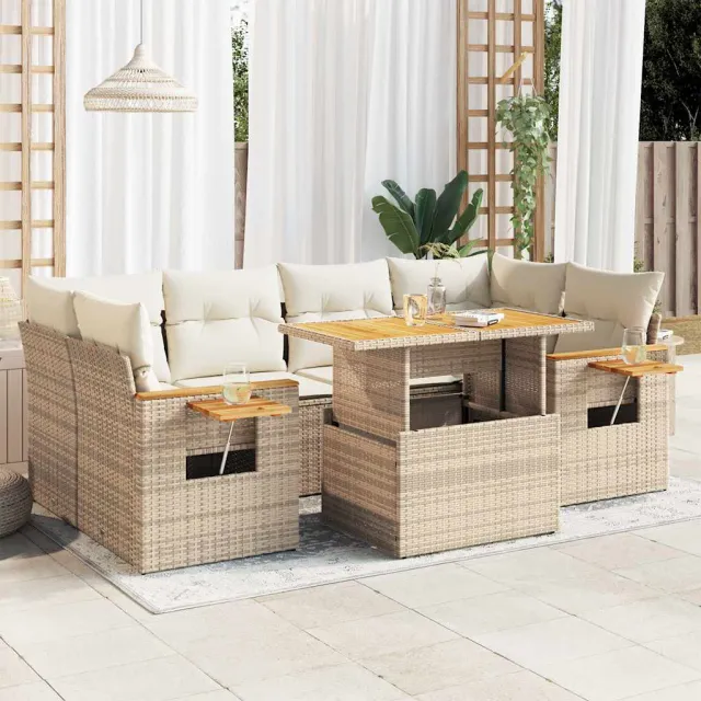 vidaXL 7-delige Loungeset met kussens poly rattan acacia beige, foto 2