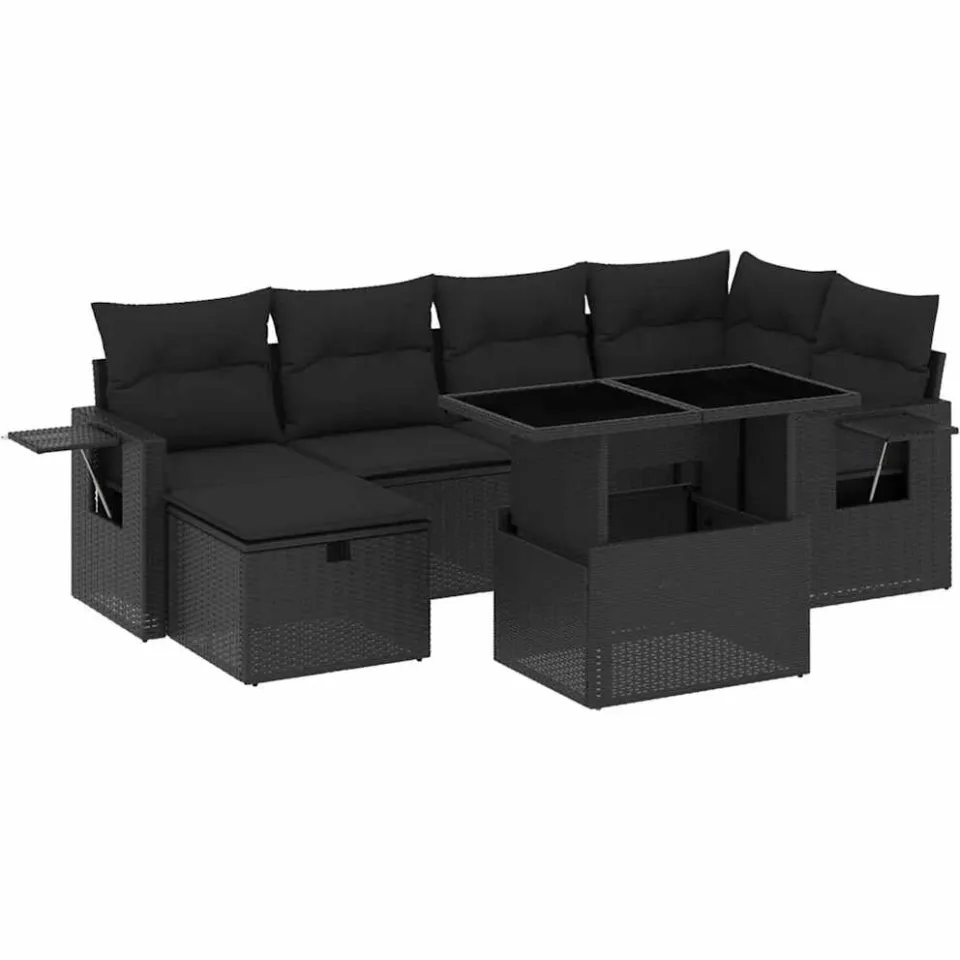 vidaXL 7-delige Loungeset met kussens poly rattan zwart, foto 3