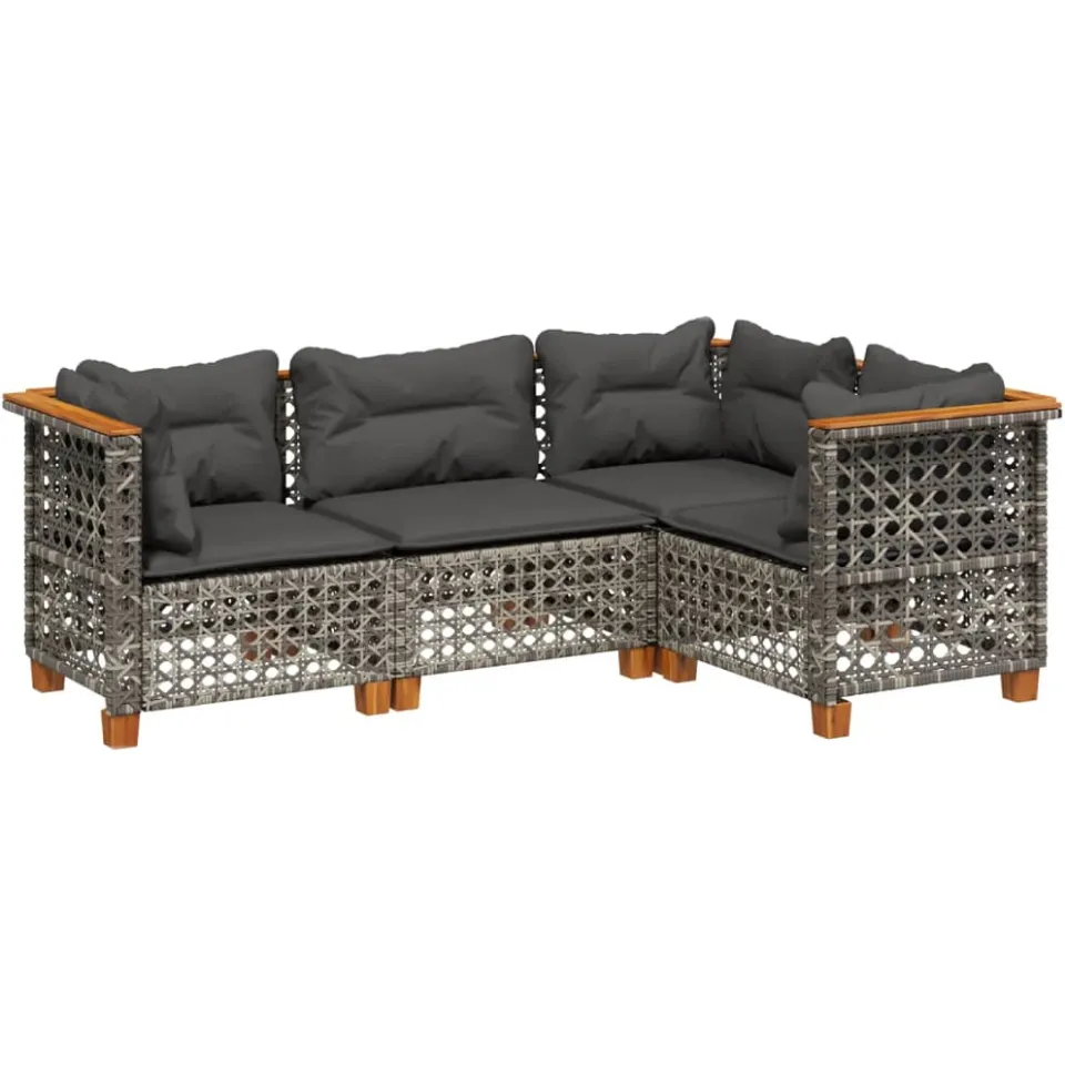 vidaXL 4-delige Loungeset met kussens poly rattan grijs, foto 3