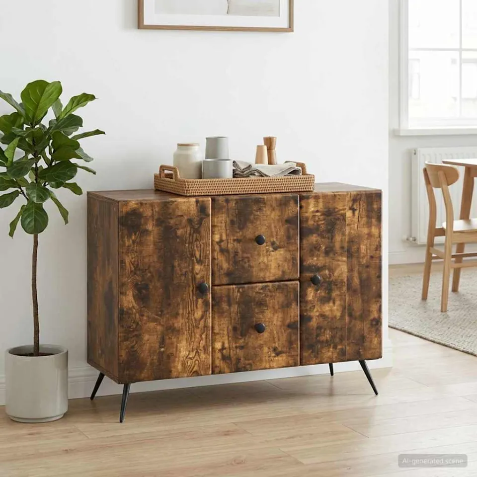 vidaXL Dressoir met lade Gerookt eiken 89 x 34,5 x 60 cm Bewerkt hout, foto 3