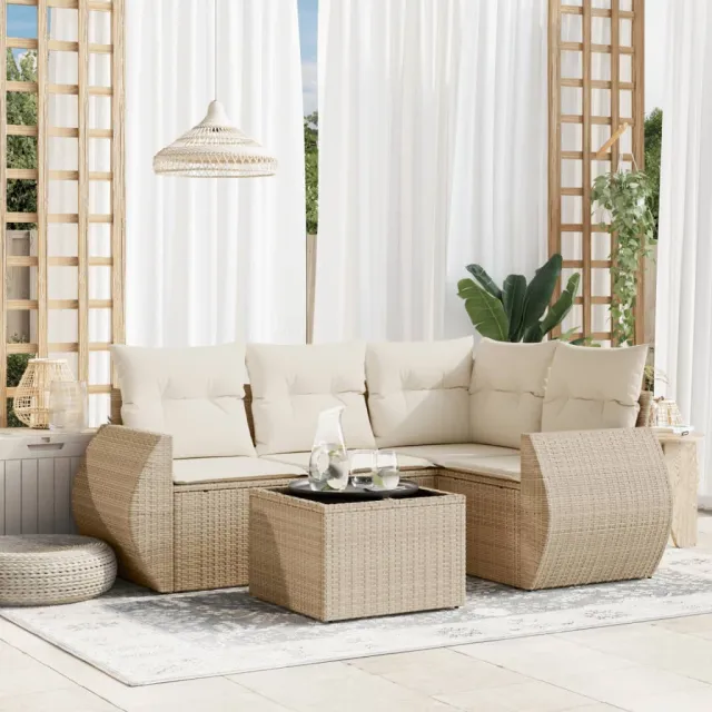 vidaXL 5-delige Loungeset met kussens poly rattan beige