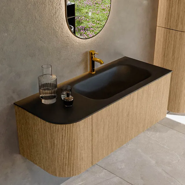 Mondiaz KURVE 115 cm Onderkast Greeploos 1 Lade Met Deuren Oak, Wastafel Solid Surface Rechts Urban 1 Kraangat Zonder Spiegel (KRVBGS115L1L1D1KR-Oak/Urb)