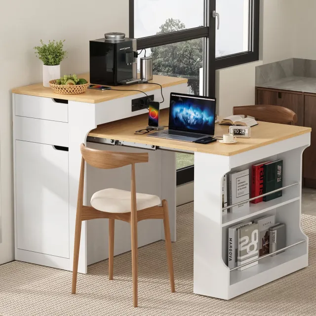 MODENUIT Eettafel - Uitschuifbare Keukenisland Met Stopcontact En 2 Lades - Wit Houtlook - 153 Cm