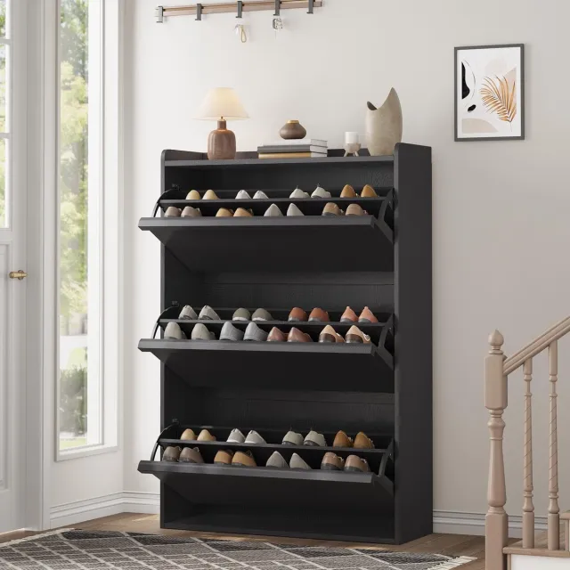 Triumpunpre Hoge Schoenenkast 3 Kleppen Voor 18-24 Paar Schoenen - 80x26x117cm - Schoenenrek Smal - Schoenenmeubel Hout - Verstelbare Planken - Minimalistisch - Ruimtebesparend - Voor Hal Woonkamer - Zwart