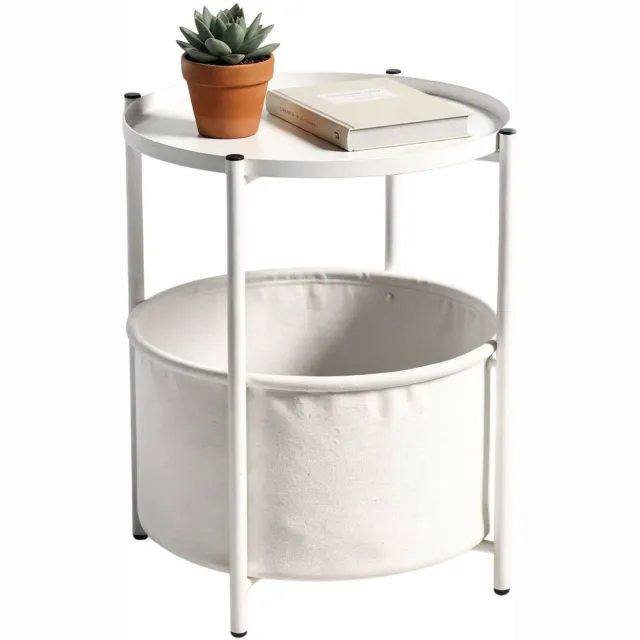 Coemo Ronde metalen salontafel NINA in het wit, Ø 45 cm, voorzien van een opbergmand; het tafelblad kan tevens als dienblad worden gebruikt. Deze bijzettafel – geschikt voor gebruik in de woonkamer, bij de bank of in de tuin – inclusief stoffen mand Weiß
