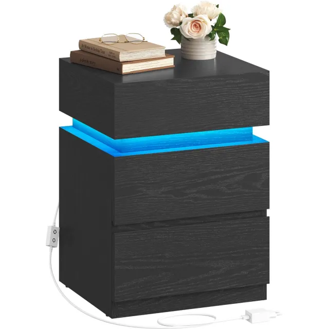 Vasagle Nachtkastje - Met LED-verlichting - 3 Lades - Instelbare Kleuren - Modern Design Zwart met houtnerf