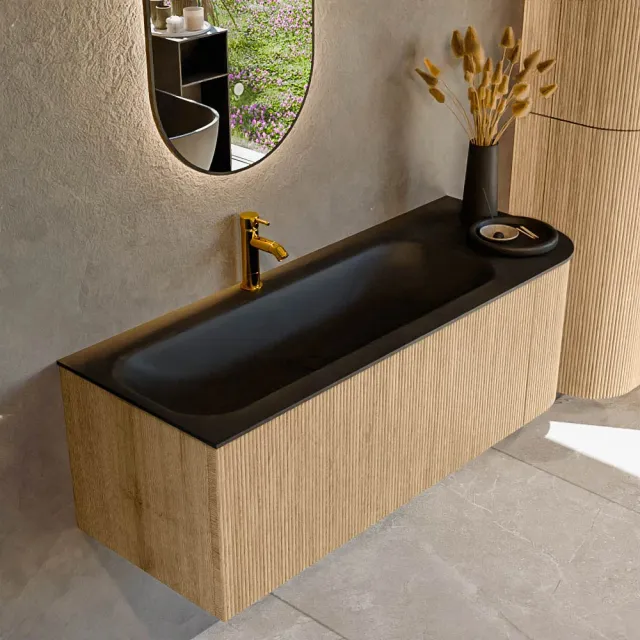 Mondiaz KURVE 125 cm Onderkast Greeploos 1 Lade Met Deuren Oak, Wastafel Solid Surface Links Urban 1 Kraangat Zonder Spiegel (KRVBGM125R1L1D1KL-Oak/Urb)
