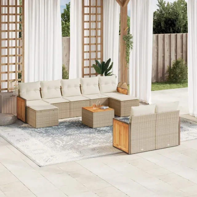 vidaXL 10-delige Loungeset met kussens poly rattan beige, foto 2
