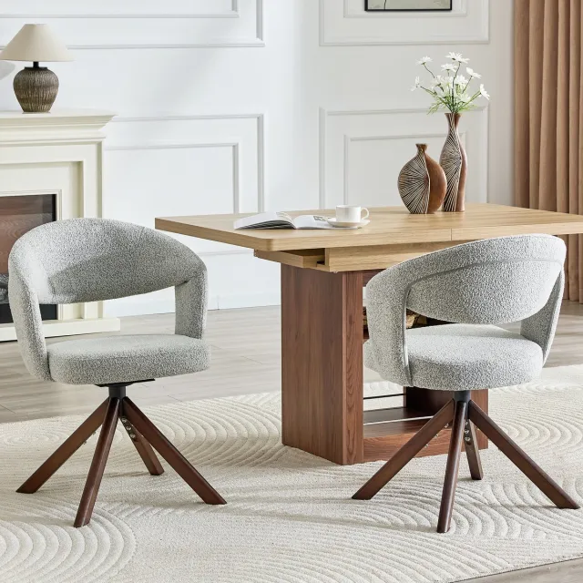 OKWISH Eetkamerstoel – Draaibaar Comfort – Set Van 2 – Structuurstof En Massief Hout – Retro Luxe – Lichtgrijs Lichtgrijs, Walnoot