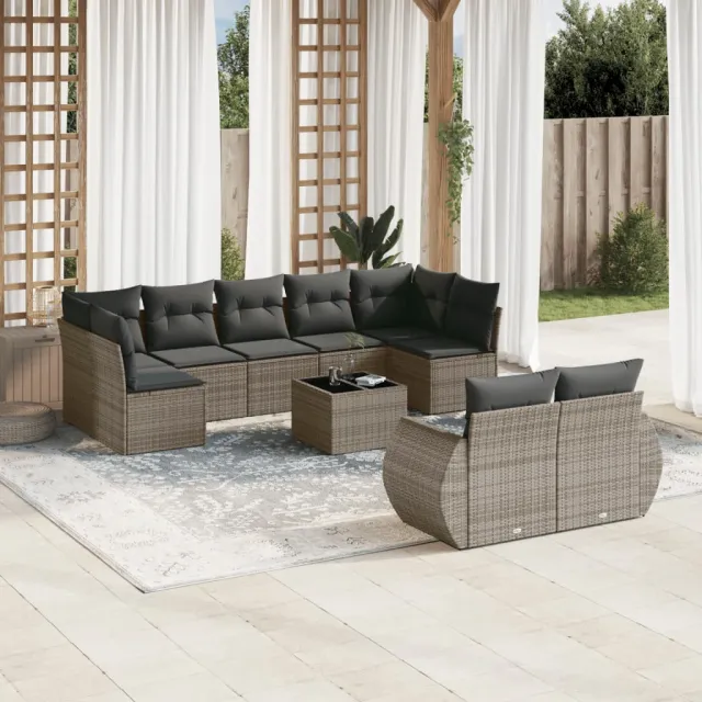 vidaXL 10-delige Loungeset met kussens poly rattan grijs, foto 2