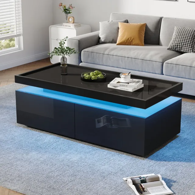 HAUSS SPOLE Salontafel - Hoogglans Met Led En 2 Lades - Modern Voor Woonkamer - Spaanplaat - 95 X 45 X 35 Cm - Zwart