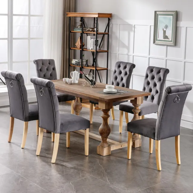 MUVANO Grijze velvet eetkamerstoelen set van 6 - Eetkamerstoelen met eiken poten - Gecapitonneerd - 120kg draagvermogen - Woonkamer Grijs