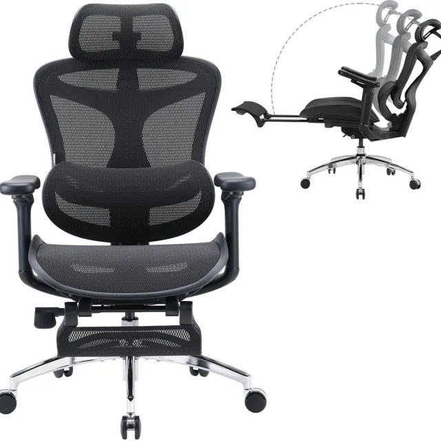 Sihoo DORO C300 JT Ergonomische Bureaustoel voor Volwassenen - Met voetsteun - Hoge Rugleuning - 4D-armleuningen - Dubbel Dynamische Lendensteun - Zwart Zwart - voetsteun