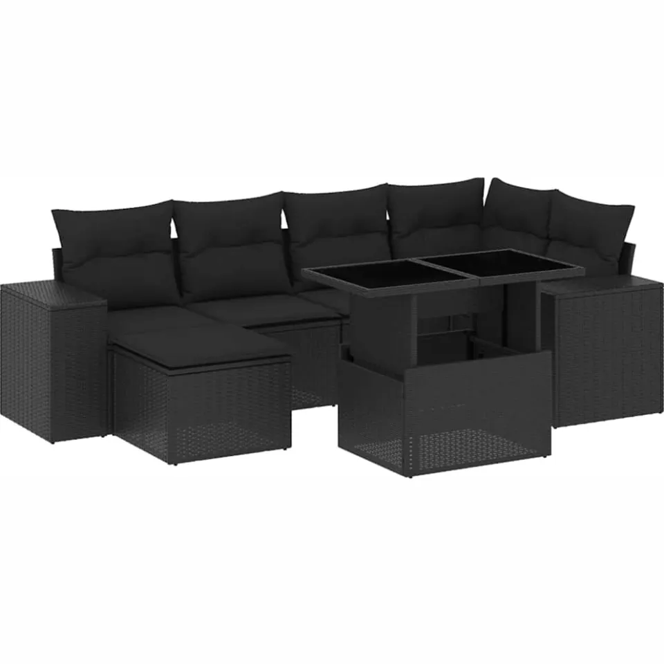 vidaXL 7-delige Loungeset met kussens poly rattan zwart