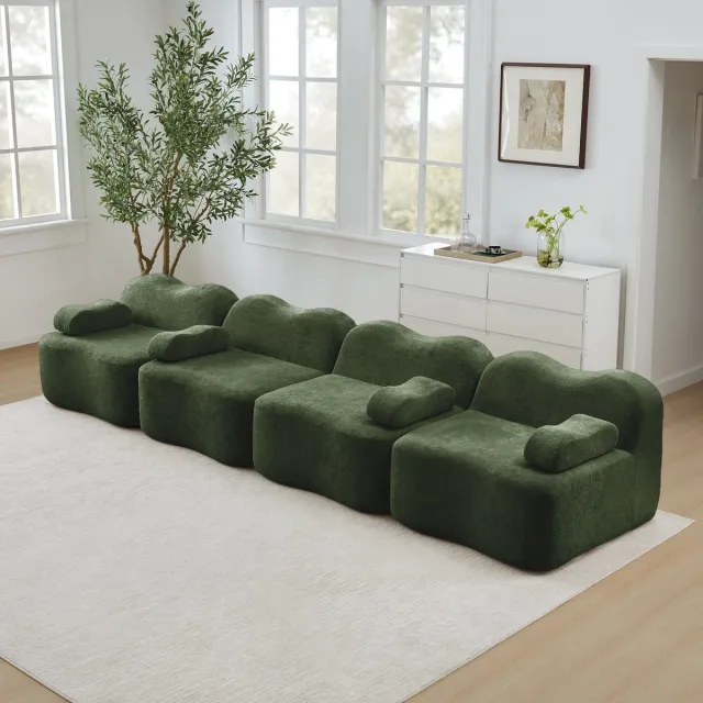 FloraGrace Hoekbank 4-Zits - Modulair Bankstel Met Diepe Zitting En Hocker - Voor Woonkamer Of Appartement - Fluweel - Groen