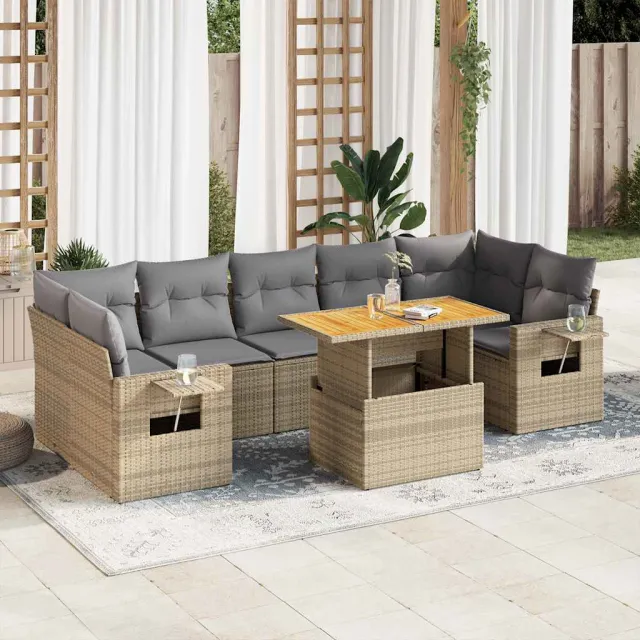 vidaXL 8-delige Loungeset met kussens poly rattan beige, foto 2