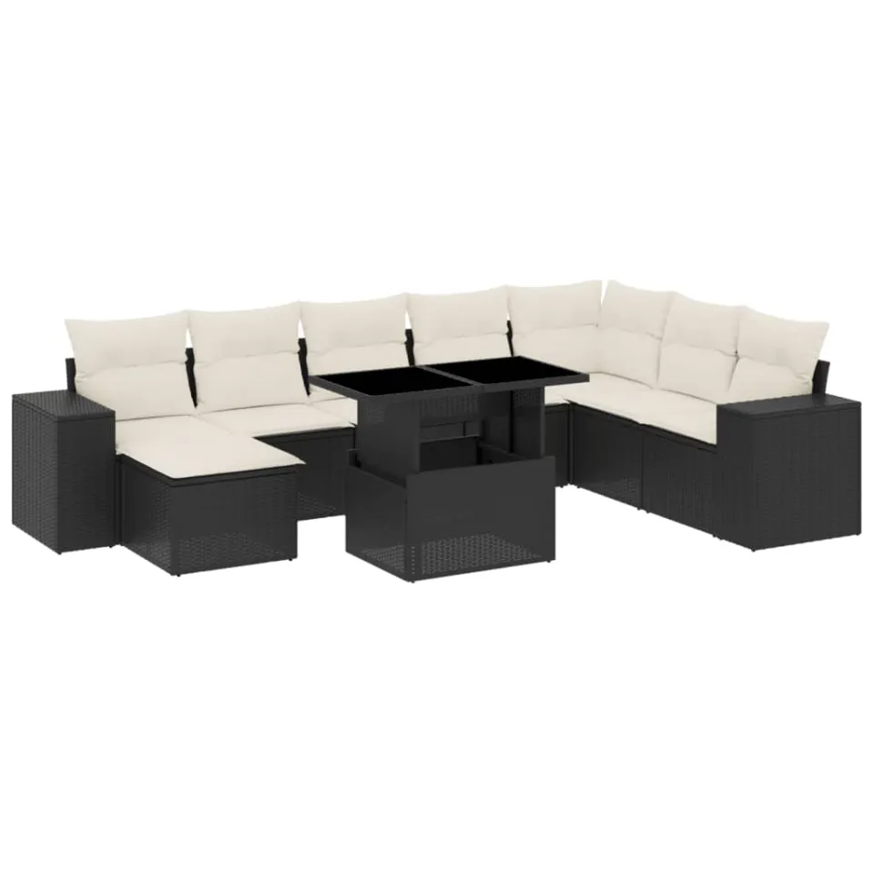 vidaXL 9-delige Loungeset met kussens poly rattan zwart, foto 3