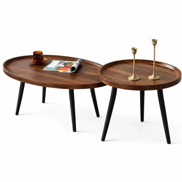 Luxevo Salontafel Set - 2 Stuks - Rond en Ovaal - Scandinavisch Design - Houten Blad & Metalen Frame - Bruin