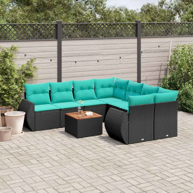 vidaXL 9-delige tuinbankset met kussens van zwart polyrotan, foto 2