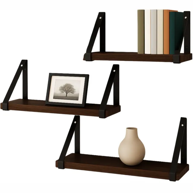 Cheqo Zwevende Wandplank Set - Industrieel Zwevend Wandplank - Wandrek - Boekenplank - Boekenrek - Vintage Hout - Metalen Beugels - Muurdecoratie Bruin