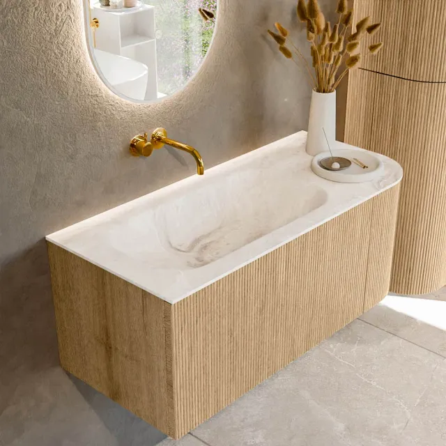 Mondiaz KURVE-DLUX 105 cm Onderkast Greeploos 1 Lade Met Deuren Oak, Wastafel Solid Surface Links Frappe 0 Kraangaten Zonder Spiegel (KRVBGS105R1L1D0KL-Oak/Fra)