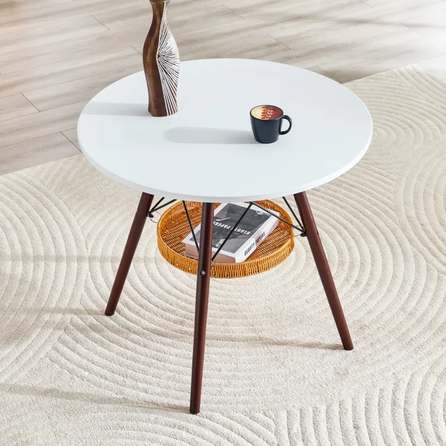 CHICFURN Eettafel - 2-4 personen - Opbergmand - Rond - Wit en walnoot