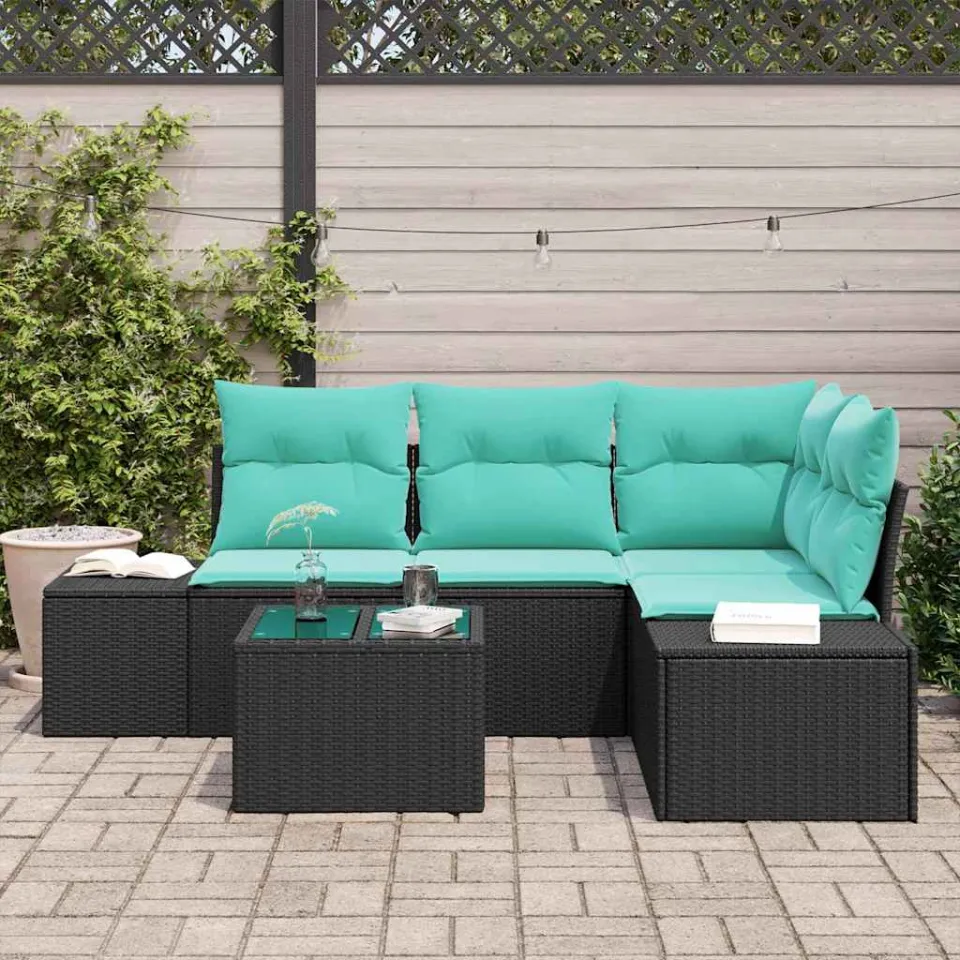 vidaXL Tuinbankenset met opslag Zwart en Turquoise poly rattan, foto 3