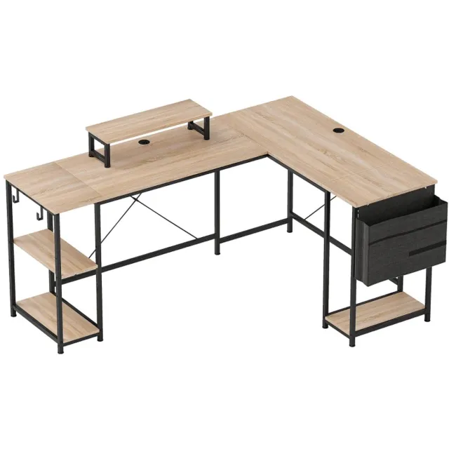 ZYLARO L-vormig Hoekbureau 168/240 cm – Omkeerbaar Computerbureau met Monitorstandaard, Opbergrekken, CPU-houder en Kabeldoorvoer – Naturel/Zwart naturel hout