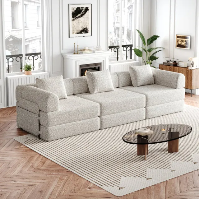 DESMIU Slaapbank 3-Zits - 2-In-1 Met Opbergruimte In Armleuning En Metalen Onderstel - Voor Woonkamer En Slaapruimte - Chenille Khaki