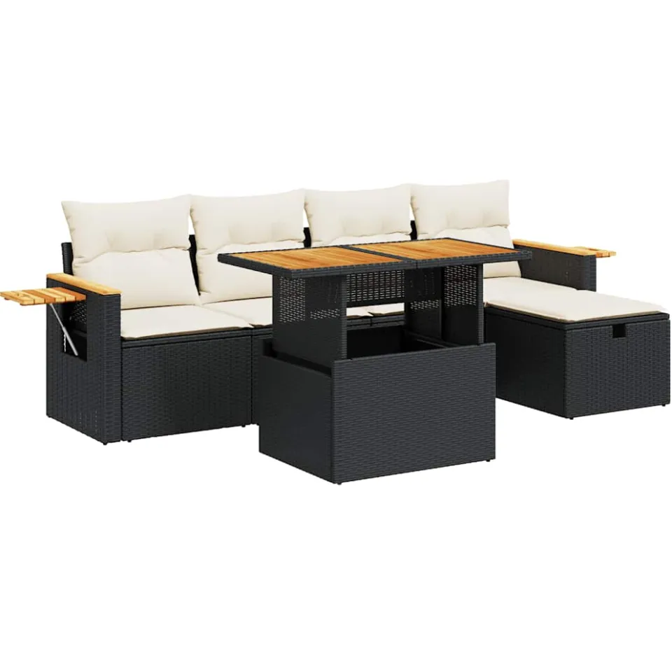 vidaXL 6-delige Loungeset met kussens poly rattan zwart, foto 3