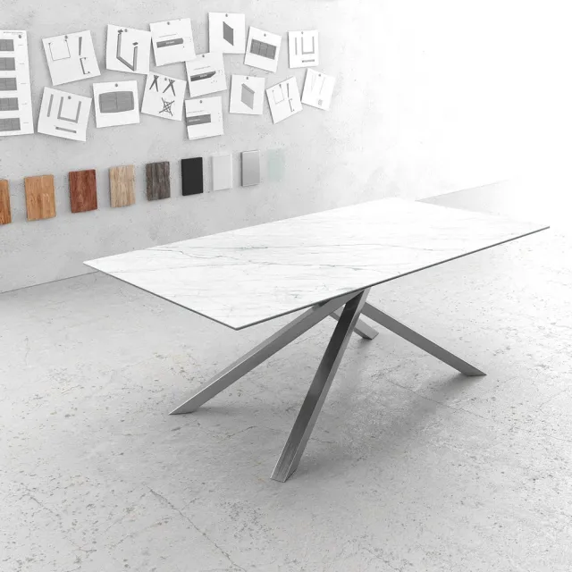 DELIFE Eettafel Edge Laminam® keramiek wit 200x100cm middenvoet kruis zilver Weiss