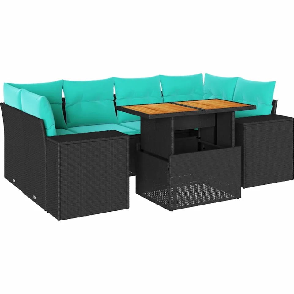 vidaXL 7-delige Loungeset met kussens poly rattan zwart