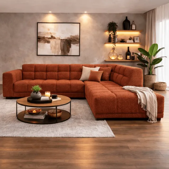 Dimehouse Hoekbank met lounge koper bouclé stof Nova - rechts - Stof - Scandinavisch & Basic - 270 x 219 x 76 cm