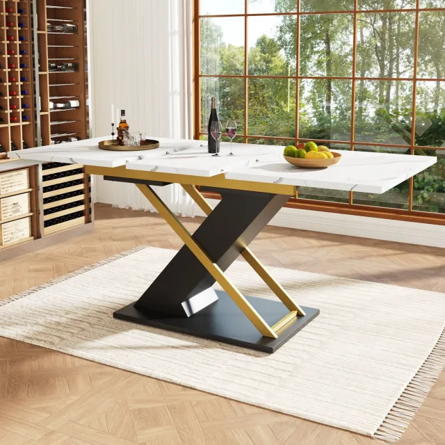 Maisentiel Uitschuifbare eettafel 120-160 x 80 cm - MDF marmerlook - goudkleurige kruispoten Wit