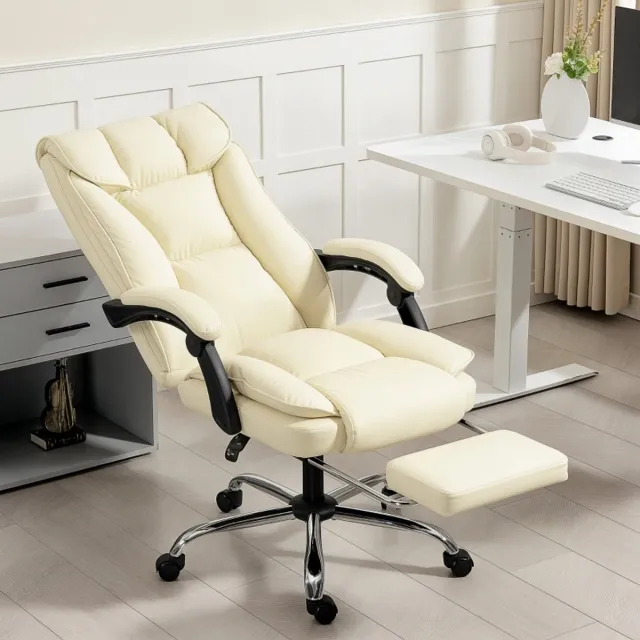 OKWISH Ergonomische Bureaustoel Met Voetsteun - Verstelbare Rugleuning Tot 155° - Kunstleer - Beige