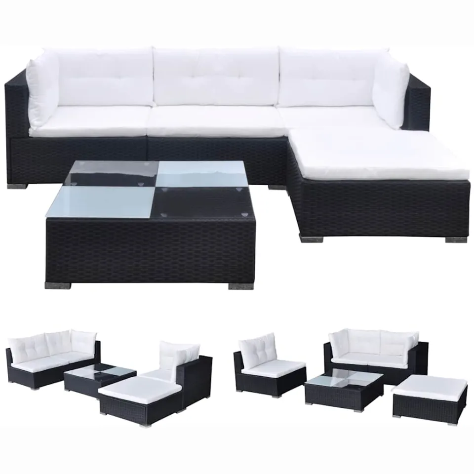 vidaXL 5-delige Loungeset met kussens poly rattan zwart, foto 3