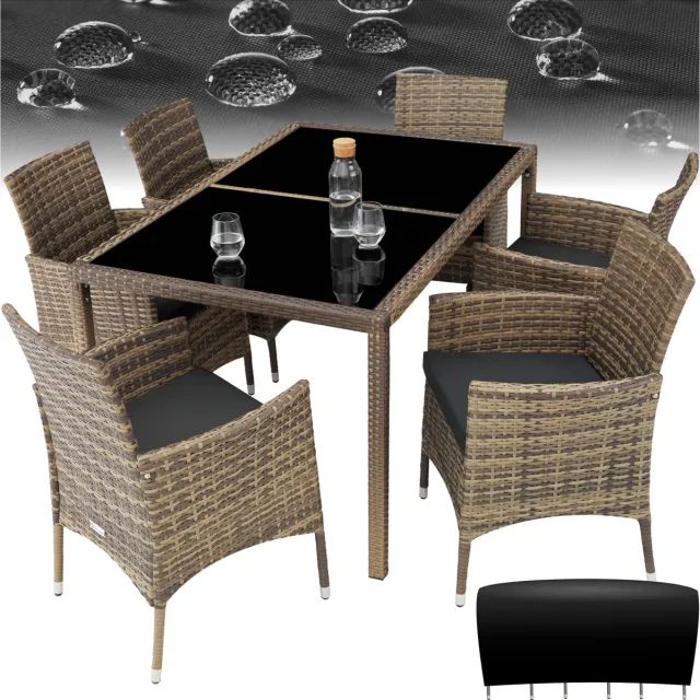 Tectake Wicker Tuinset Porto - Voor 6 Personen - Balkonmeubel - Tuinmeubelset met Tafel en 6 Stoelen - Zitgroep voor Tuin, Terras en Balkon - Inclusief Kussens en Beschermhoes - Natuurkleur - Wicker Set