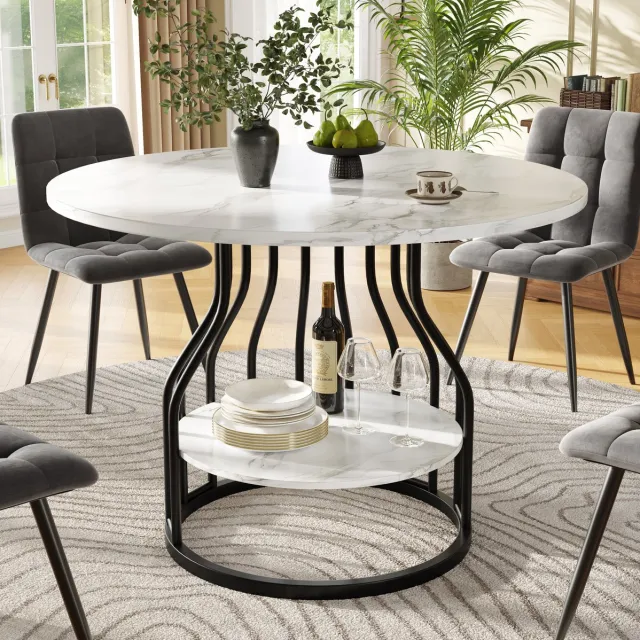 COVREO Eettafel 80x80x76 cm zwart MDF marmerlook fineer met opbergruimte voor 4 personen