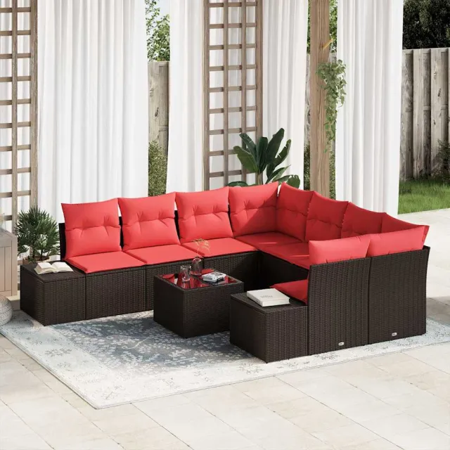 vidaXL Tuin Sofa Set 9 st Beige en Rood poly rattan, foto 2