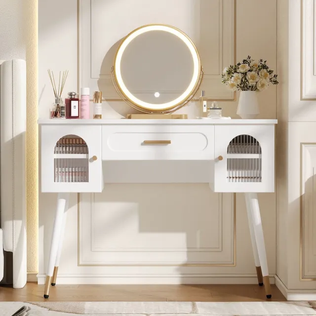 Wishdor Kaptafel - LED spiegel met 3 lichtstanden - 1 lade en 2 kastdeuren - Scandinavische stijl - Slaapkamer - Houtlook - Wit en goud - 100 x 42 x 112 cm