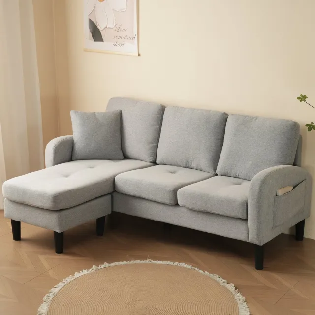 Zubaliya L-vorm hoekbank met chaise longue - compacte 3-zitsbank - 166x118x77 cm - katoen-linnen stof - modulair op te stellen - ideaal voor woonkamer, appartement en kantoor Grijs