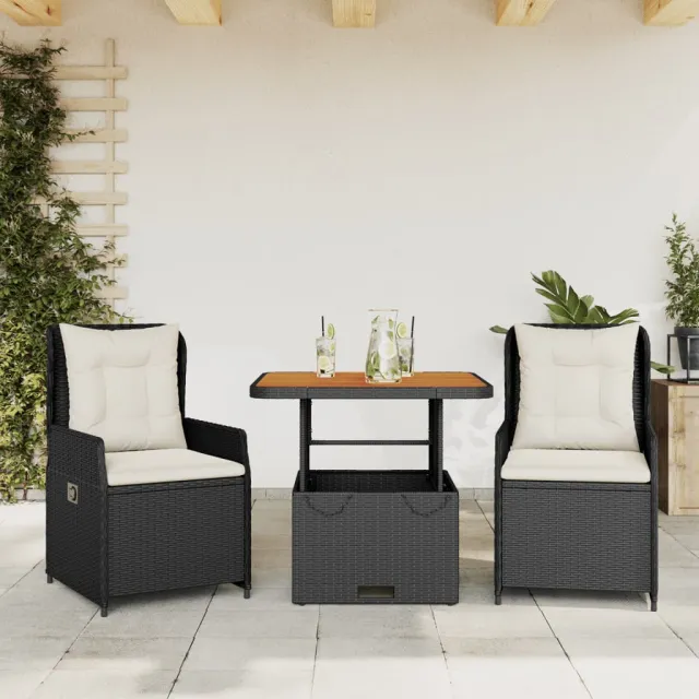 vidaXL 3-delige Bistroset met kussens poly rattan zwart, foto 2