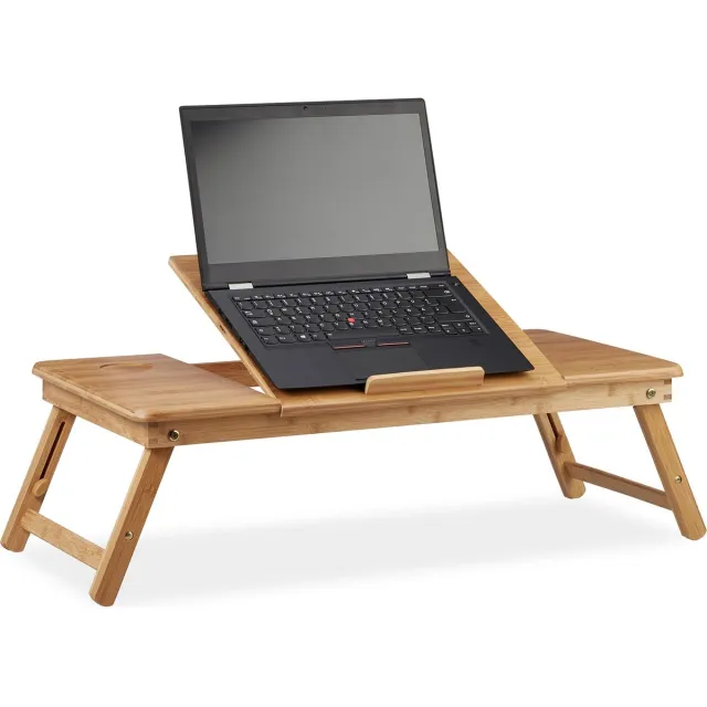 Relaxdays laptoptafel bamboe - verstelbaar - 5 hellingshoeken - lade - voor bank en bed lichtbruin