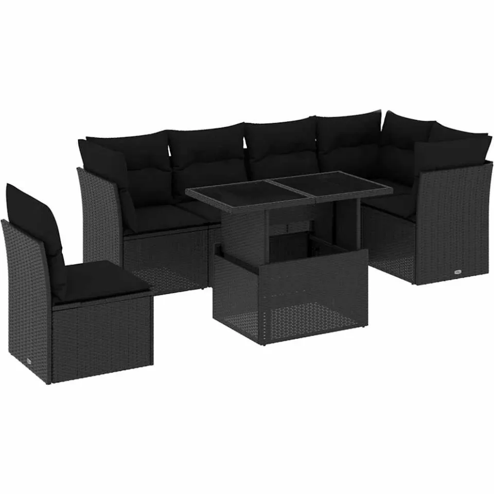vidaXL 7-delige Loungeset met kussens poly rattan zwart
