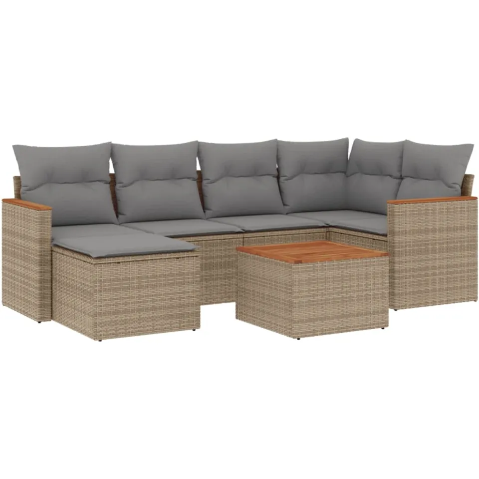 vidaXL 7-delige Loungeset met kussens poly rattan beige, foto 3