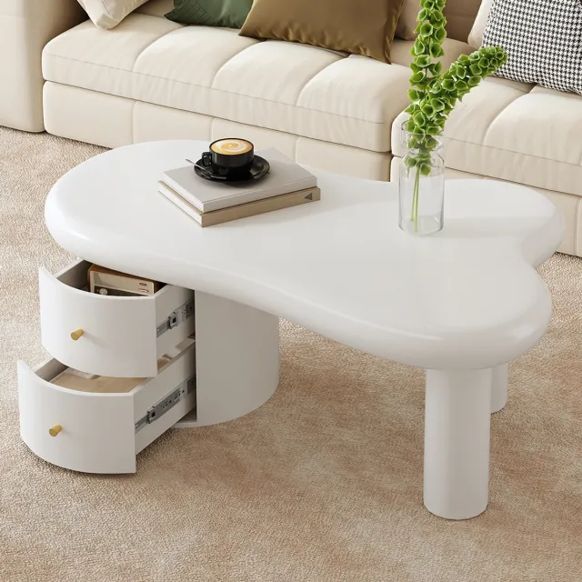 KOMHTOM Moderne witte salontafel met onregelmatige vorm - 2 ladesruimtebesparendelegantstabiel - ideaal voor de woonkamer en voor diverse doeleinden.