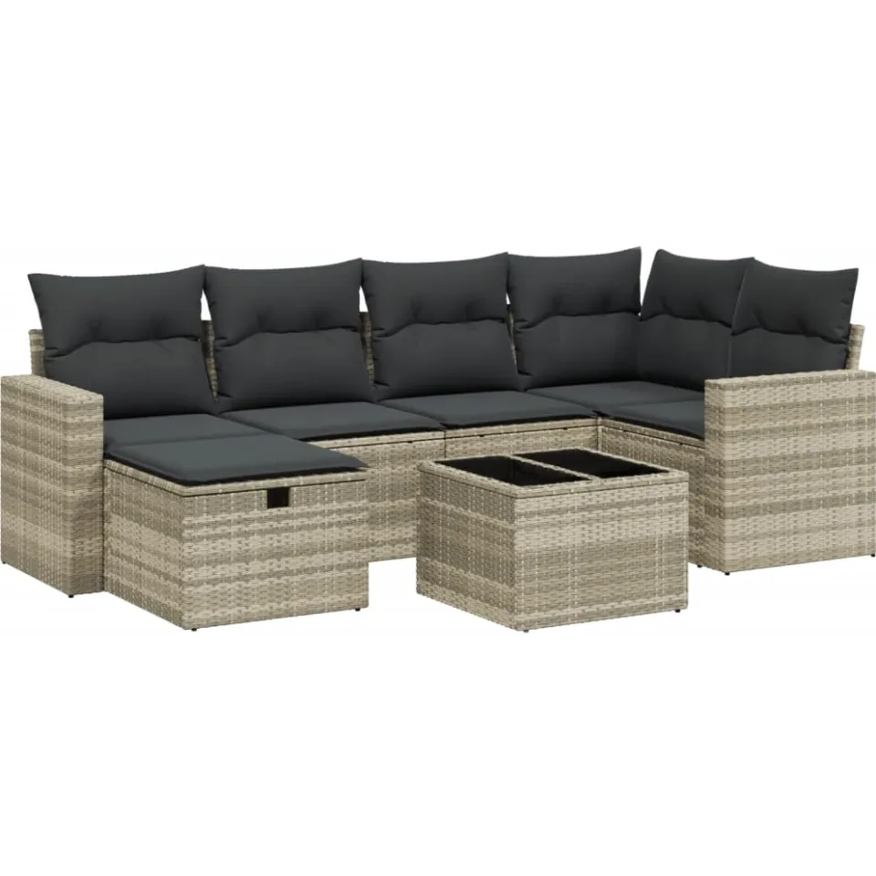 vidaXL 7-delige Loungeset met kussens poly rattan lichtgrijs grijs
