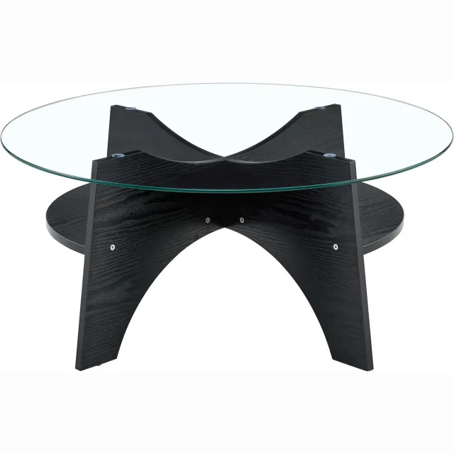 SONNENH Salontafel - Glazen blad met waaiervormig onderstel - 80 x 80 x 36 cm - Transparant/zwart